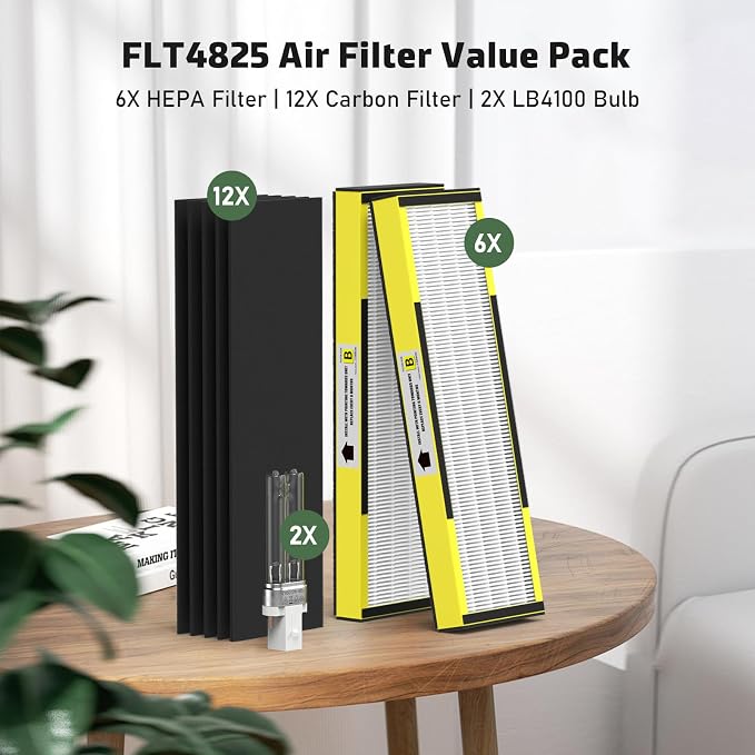 6 Packs FLT4825 HEPA Replacement Filter B & 2 Replacement Bulb Compatible with AC4825 AC4300 AC4800 AC4900 AC4850, Part No#