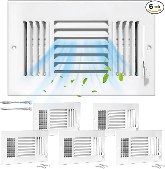6 Pcs 10x6 Inch Air Vent Covers - 3-Way Solid Metal Wall & Ceiling Register, Return Air Vent (White, Interior Size 10 x 6)