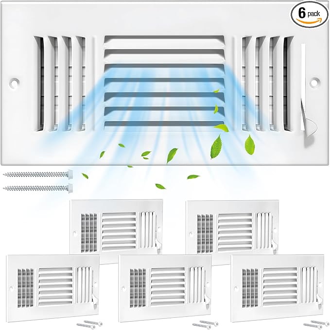 6 Pcs 10x8 Inch Air Vent Covers - 3-Way Solid Metal Wall & Ceiling Register, Return Air Vent (White, Interior Size 10 x 8)