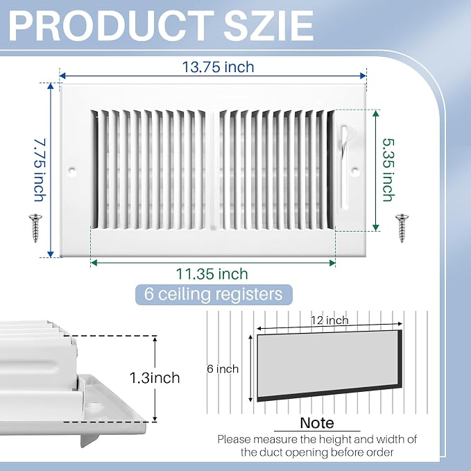 6 Pcs 12 x 6 Inch (Interior Size) Air Vent Cover Ceiling Register Grill Duct Opening Air Supply Diffuser 2 Way, alternate