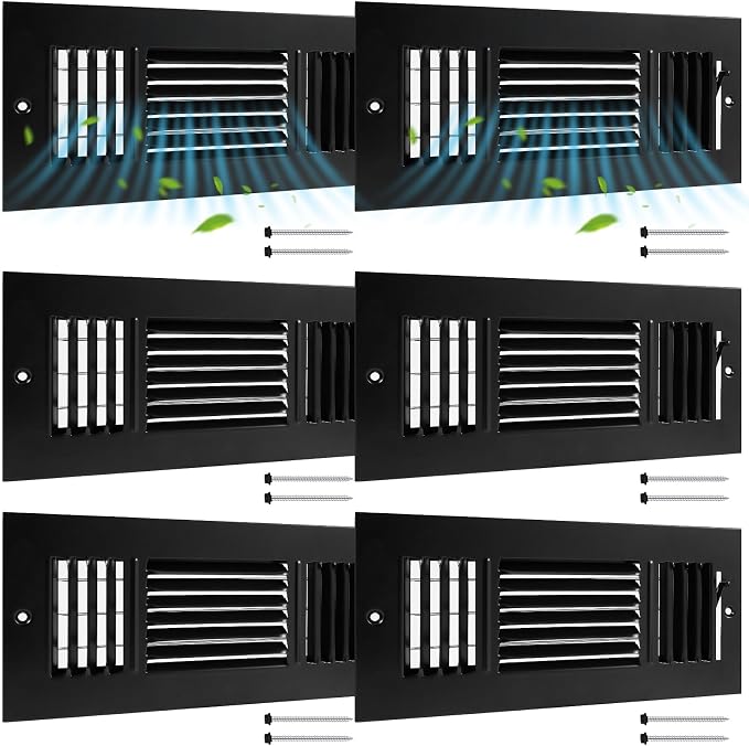 6 Pcs Black 10 x 4 Inch Interior Size Air Ceiling Vent Covers 3 Way Sidewall Wall Ceiling Register Air