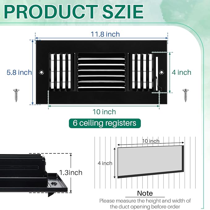 6 Pcs Black 10 x 4 Inch Interior Size Air Ceiling Vent Covers 3 Way Sidewall Wall Ceiling Register Air, alternate view 2