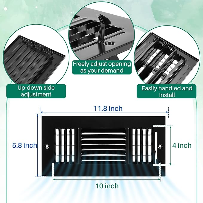 6 Pcs Black 10 x 4 Inch Interior Size Air Ceiling Vent Covers 3 Way Sidewall Wall Ceiling Register Air, alternate view 4
