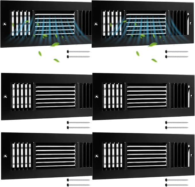 6 Pcs Black 12 x 4 Inch Interior Size Air Ceiling Vent Covers 3 Way Sidewall Wall Ceiling Register Air Conditioner Vent