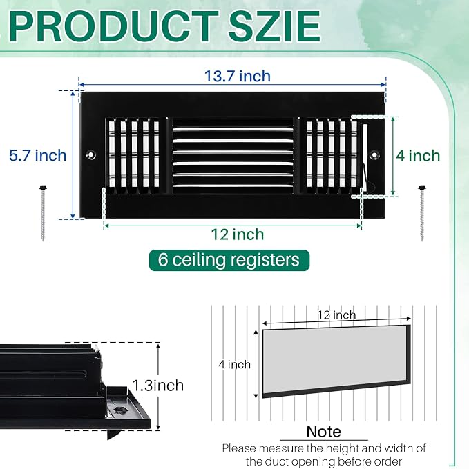 6 Pcs Black 12 x 4 Inch Interior Size Air Ceiling Vent Covers 3 Way Sidewall Wall Ceiling Register Air Conditioner Vent