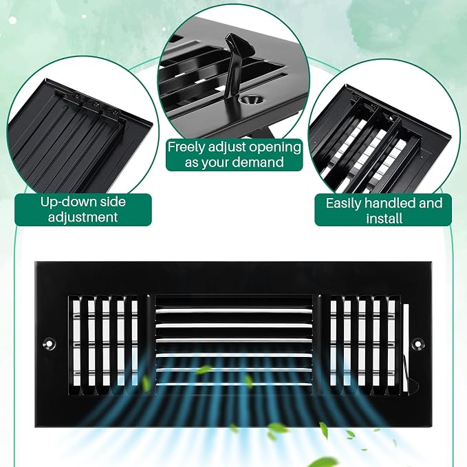 6 Pcs Black 12 x 4 Inch Interior Size Air Ceiling Vent Covers 3 Way Sidewall Wall Ceiling Register Air Conditioner Vent