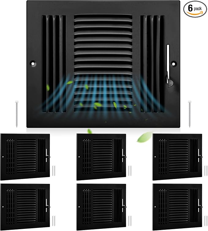6 Pcs Interior Size 10 x 8 Inch Black Air Ceiling Vent Covers 3 Way Sidewall Wall Ceiling Register Air Conditioner Vent Cover