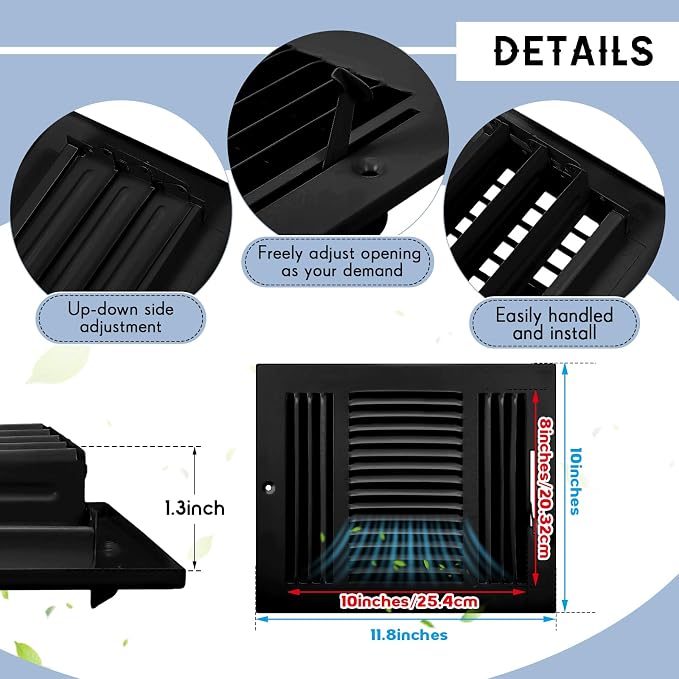 6 Pcs Interior Size 10 x 8 Inch Black Air Ceiling Vent Covers 3 Way Sidewall Wall Ceiling Register Air Conditioner Vent Cover
