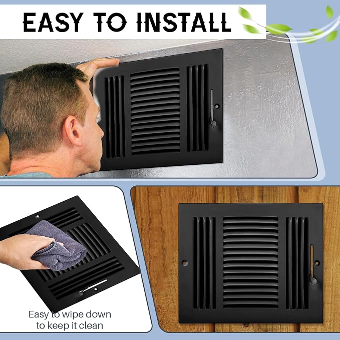 6 Pcs Interior Size 10 x 8 Inch Black Air Ceiling Vent Covers 3 Way Sidewall Wall Ceiling Register Air Conditioner Vent Cover