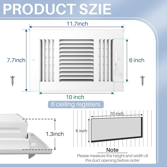 6 Pcs White 6 x 10 Inch Interior Size Air Ceiling Vent Covers 3 Way Sidewall Wall Ceiling Register Air Conditioner Vent Cover