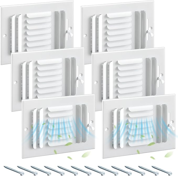 6 Pcs White 8 x 6 Inch Interior Size Air Ceiling Vent Covers 3 Way Sidewall Wall Ceiling Register Air