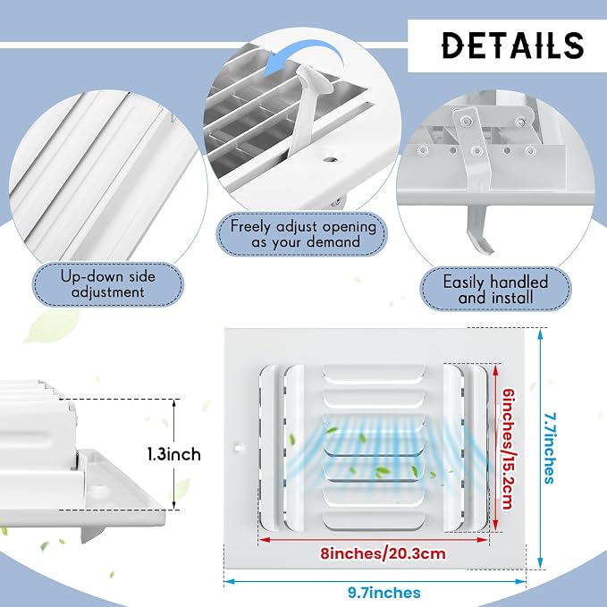 6 Pcs White 8 x 6 Inch Interior Size Air Ceiling Vent Covers 3 Way Sidewall Wall Ceiling Register Air, alternate view 2