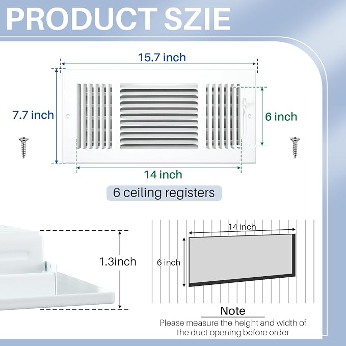 6 Pcs White Interior Size 14 x 6 Inch Air Ceiling Vent Covers 3 Way Sidewall Wall Ceiling Register Air Conditioner Vent Cover