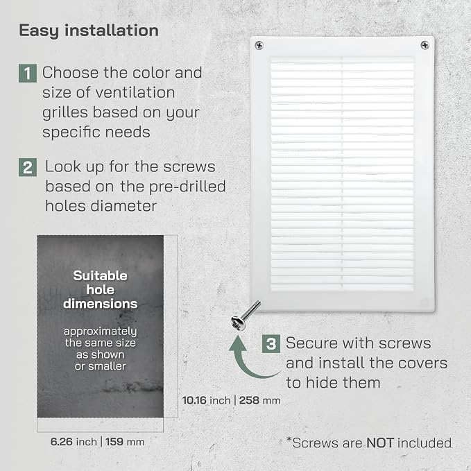 6" x 10" White Plastic Soffit Vent Cover – Durable Flat Rectangular Air Vent Grille with Built-in Mesh – Weather Resistant