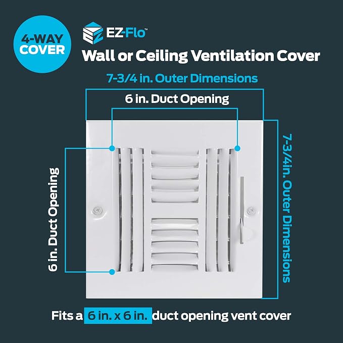 6 x 6 Inch (Duct Opening) Air Vent Cover for Wall or Ceiling, Four-Way Ventilation Register, Solid Steel HVAC, alternate view