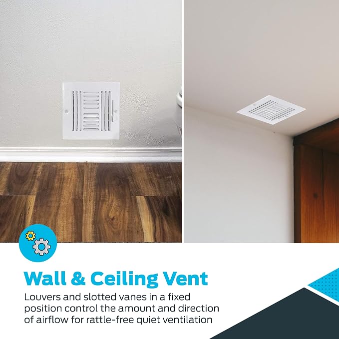 6 x 6 Inch (Duct Opening) Air Vent Cover for Wall or Ceiling, Four-Way Ventilation Register, Solid Steel HVAC, alternate view