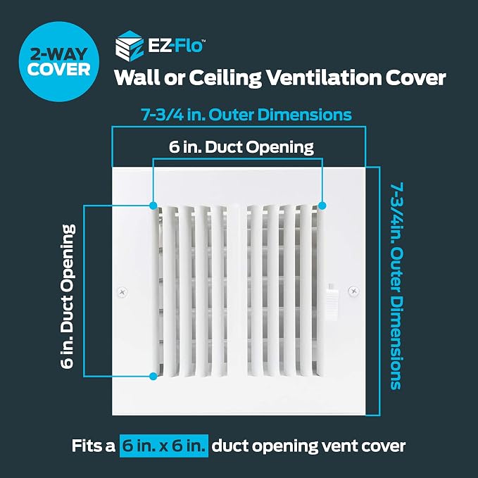 6 x 6 Inch (Duct Opening) Air Vent Cover for Wall or Ceiling, Two-Way Ventilation Register, Solid Steel HVAC, alternate view