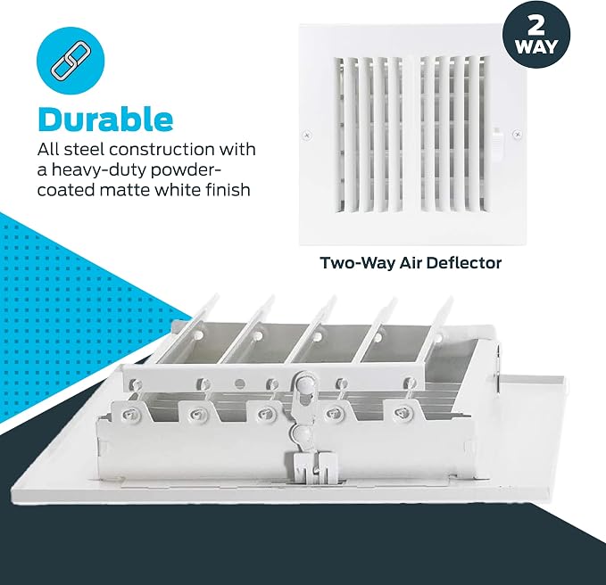 6 x 6 Inch (Duct Opening) Air Vent Cover for Wall or Ceiling, Two-Way Ventilation Register, Solid Steel HVAC, alternate view