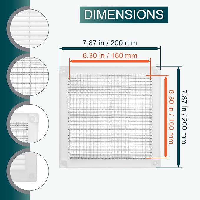 6'' x 6'' Inch Opening Measurement / White Square Vent External Grille with Protective Mesh - Lightweight Plastic Register /