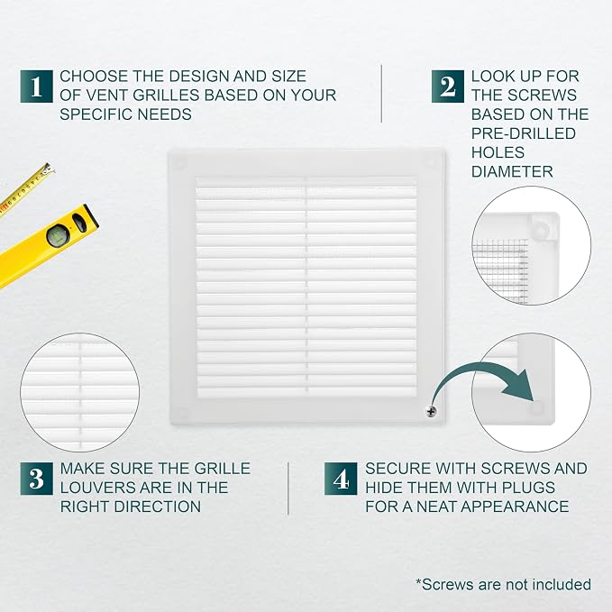 6'' x 6'' Inch Opening Measurement / White Square Vent External Grille with Protective Mesh - Lightweight Plastic Register /