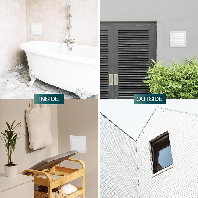 6'' x 6'' Inch Opening Measurement / White Square Vent External Grille with Protective Mesh - Lightweight Plastic Register /