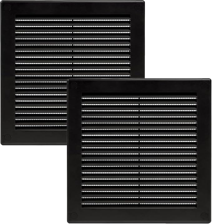 6" x 6" (Opening Dimensions) - Pack of 2 - Black Plastic Soffit Vent Cover - Durable Flat Square Air Vent Grille with Mesh