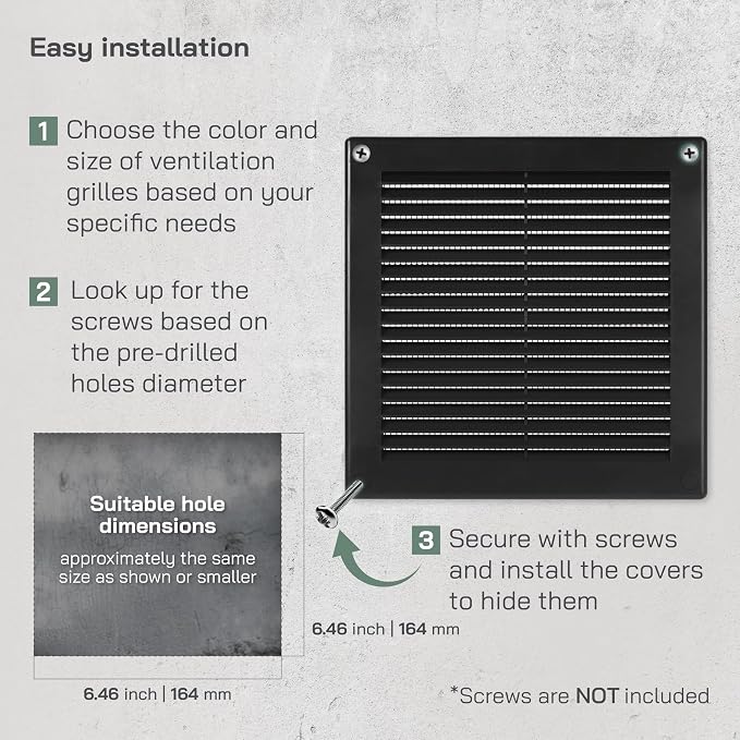 6" x 6" (Opening Dimensions) - Pack of 2 - Black Plastic Soffit Vent Cover - Durable Flat Square Air Vent Grille with Mesh