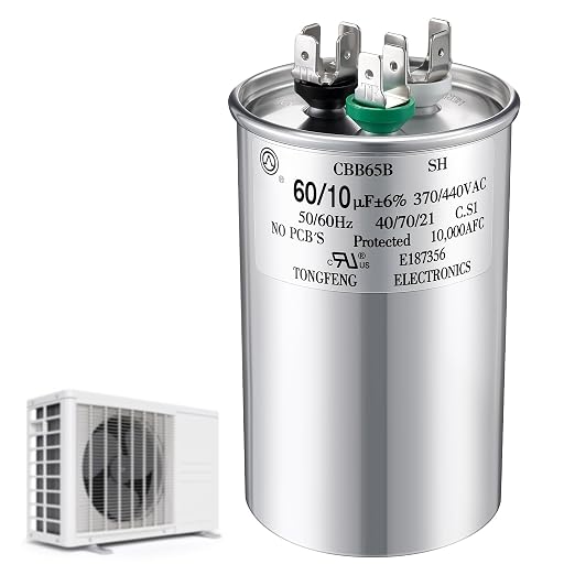 60 +10 uF±6% 370/440V CBB65 Dual Run Round Capacitor for AC Motor, HVAC Capacitor, Air Conditioner Replacement