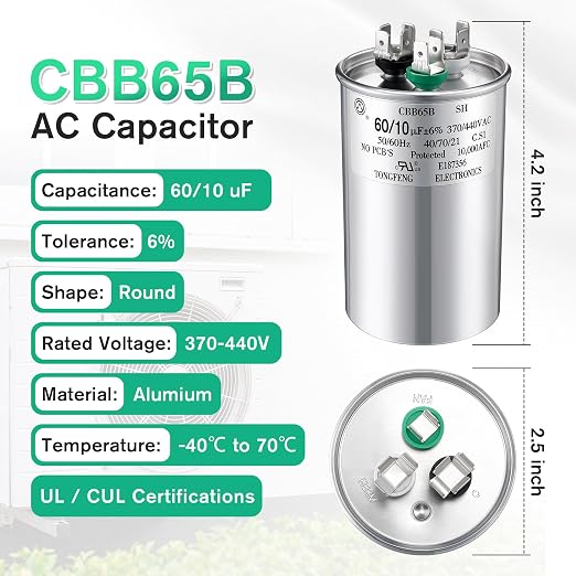 60 +10 uF±6% 370/440V CBB65 Dual Run Round Capacitor for AC Motor, HVAC Capacitor, Air Conditioner Replacement, alternate