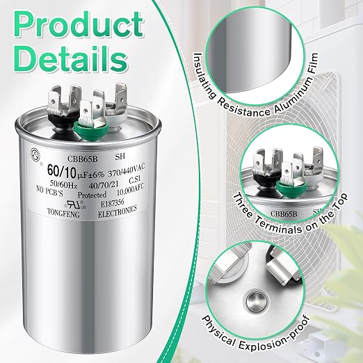 60 +10 uF±6% 370/440V CBB65 Dual Run Round Capacitor for AC Motor, HVAC Capacitor, Air Conditioner Replacement, alternate