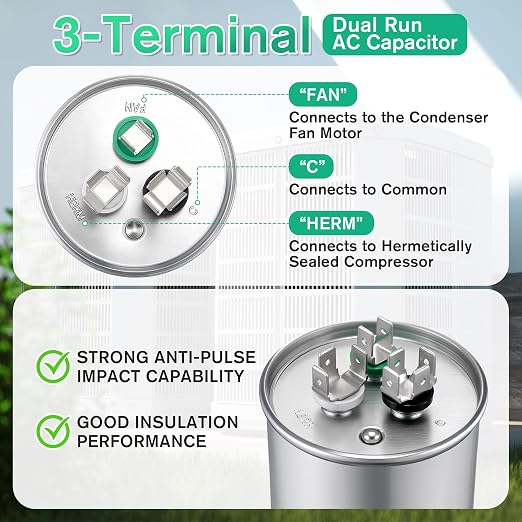 60 +10 uF±6% 370/440V CBB65 Dual Run Round Capacitor for AC Motor, HVAC Capacitor, Air Conditioner Replacement, alternate