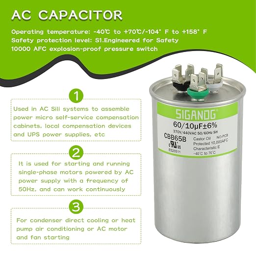 60/10 uF 60+10 MFD 370V or 440V CBB65 Dual Run Start Round Capacitor 60 10 uF MFD 370 440 Volt VAC for Condenser, alternate