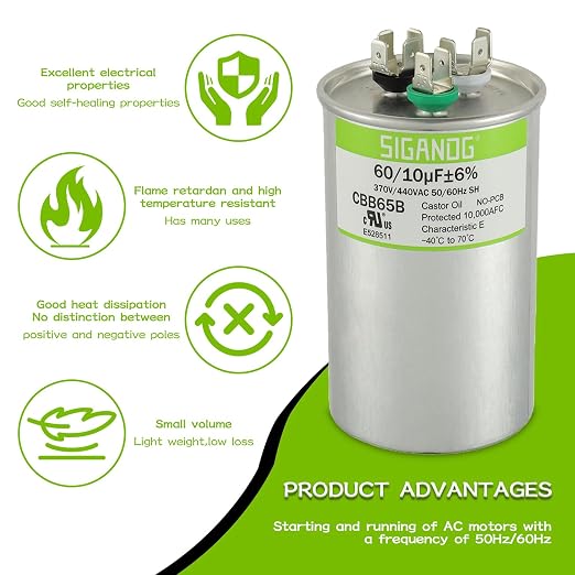 60/10 uF 60+10 MFD 370V or 440V CBB65 Dual Run Start Round Capacitor 60 10 uF MFD 370 440 Volt VAC for Condenser, alternate