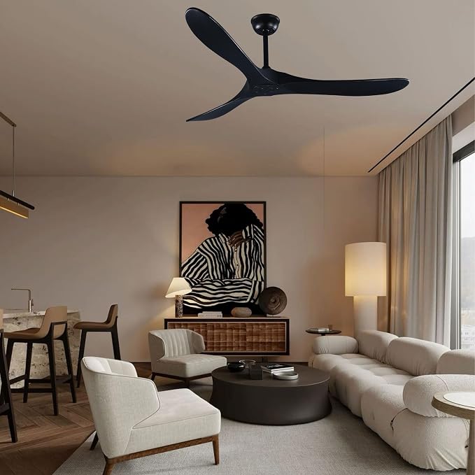 60" Black Ceiling Fan with Remote Control, Quiet Ceiling Fan without Lights for Indoor/Outdoor - Modern Design, Powerful