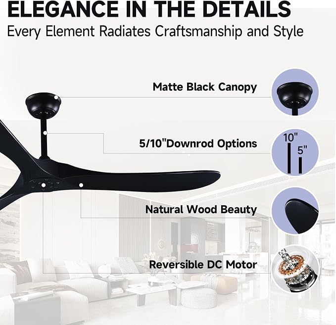 60" Black Ceiling Fan with Remote Control, Quiet Ceiling Fan without Lights for Indoor/Outdoor - Modern Design, Powerful