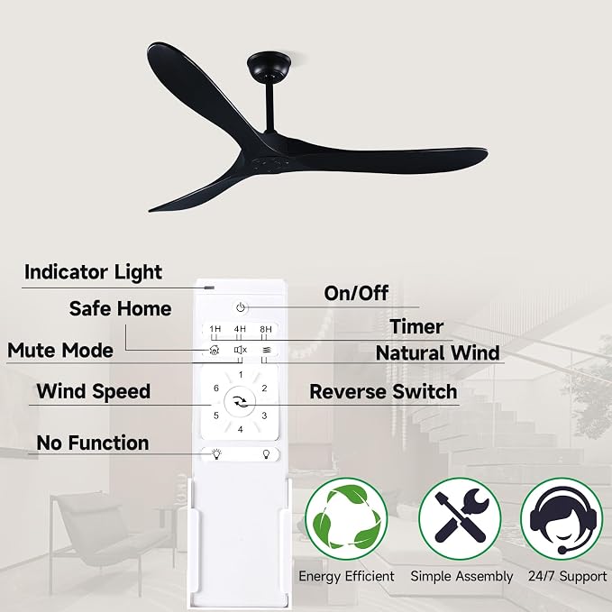 60" Black Ceiling Fan with Remote Control, Quiet Ceiling Fan without Lights for Indoor/Outdoor - Modern Design, Powerful