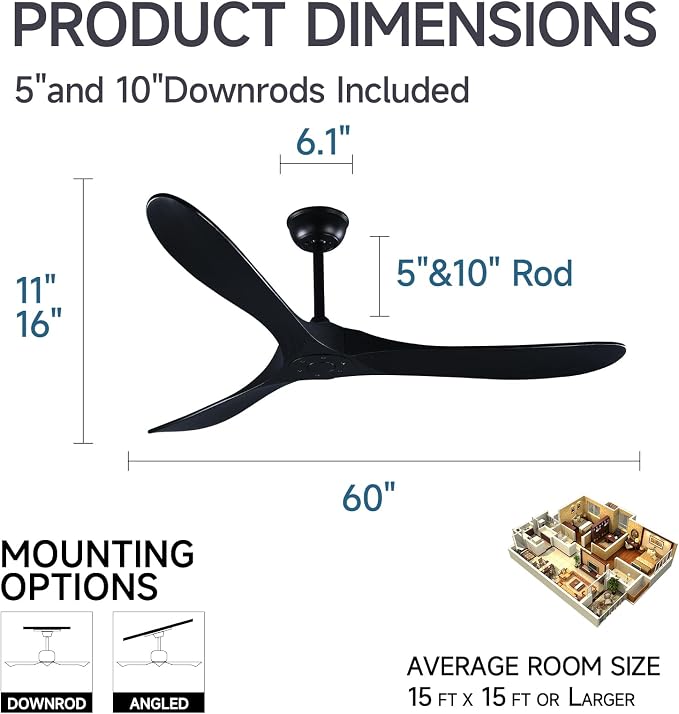 60" Black Ceiling Fan with Remote Control, Quiet Ceiling Fan without Lights for Indoor/Outdoor - Modern Design, Powerful