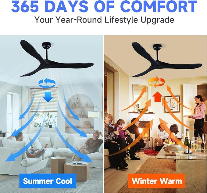 60" Black Ceiling Fan with Remote Control, Quiet Ceiling Fan without Lights for Indoor/Outdoor - Modern Design, Powerful