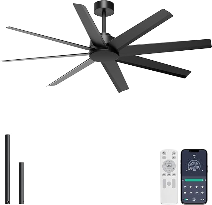 60'' Ceiling Fan No Light - Modern Black 8 Blades Ceiling Fan Remote/APP Control, DC Motor Outdoor Fan for Covered Patio