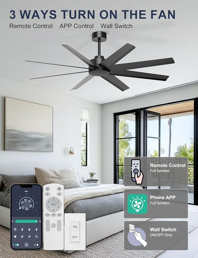 60'' Ceiling Fan No Light - Modern Black 8 Blades Ceiling Fan Remote/APP Control, DC Motor Outdoor Fan for Covered Patio