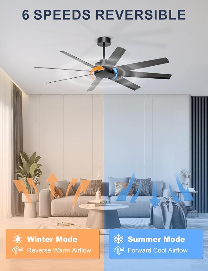 60'' Ceiling Fan No Light - Modern Black 8 Blades Ceiling Fan Remote/APP Control, DC Motor Outdoor Fan for Covered Patio