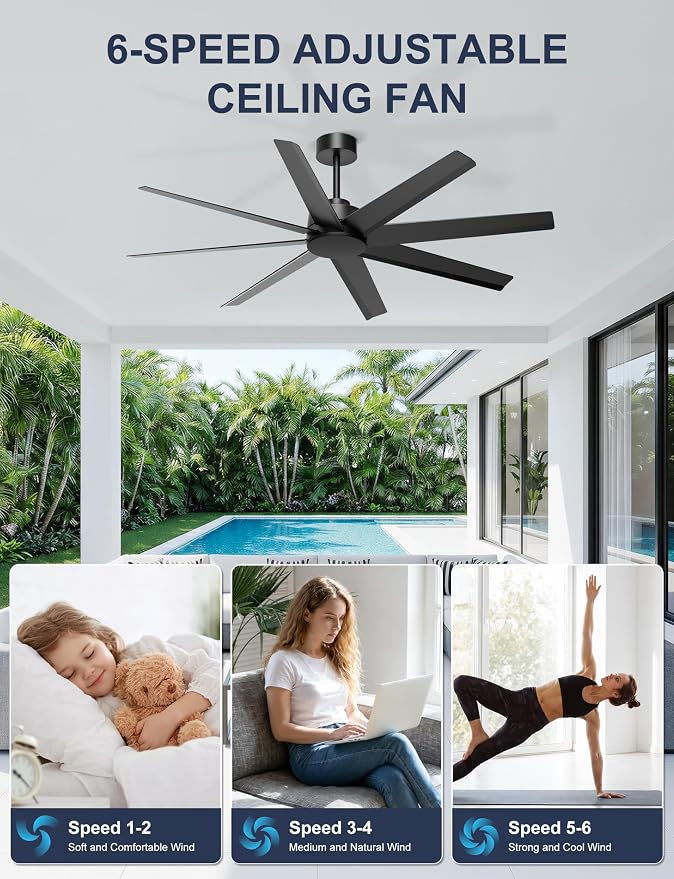 60'' Ceiling Fan No Light - Modern Black 8 Blades Ceiling Fan Remote/APP Control, DC Motor Outdoor Fan for Covered Patio