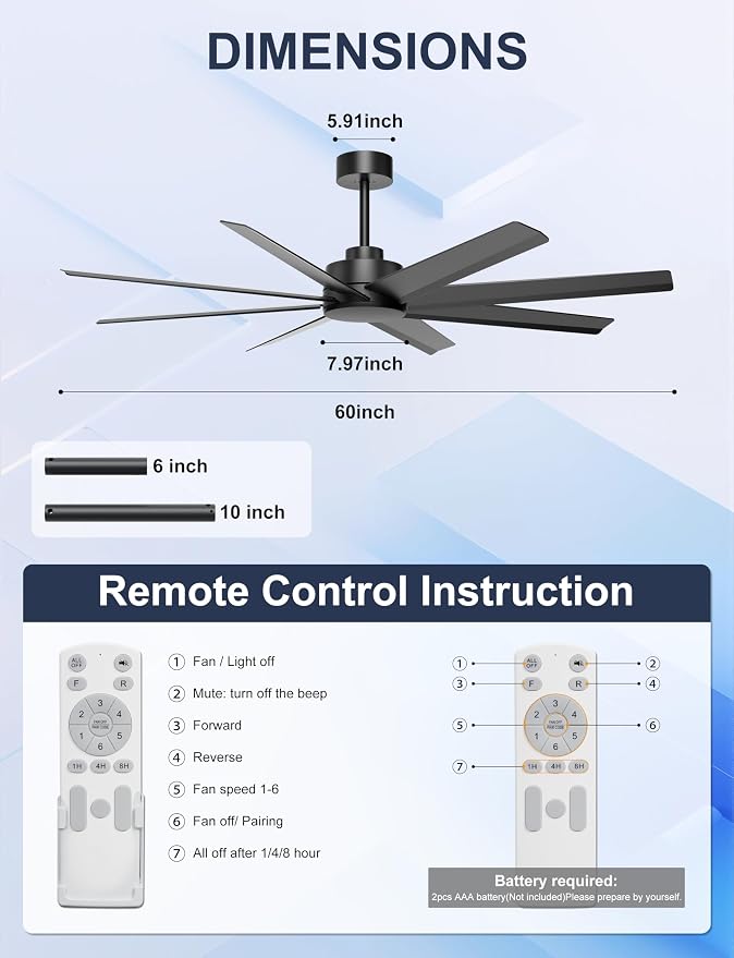60'' Ceiling Fan No Light - Modern Black 8 Blades Ceiling Fan Remote/APP Control, DC Motor Outdoor Fan for Covered Patio