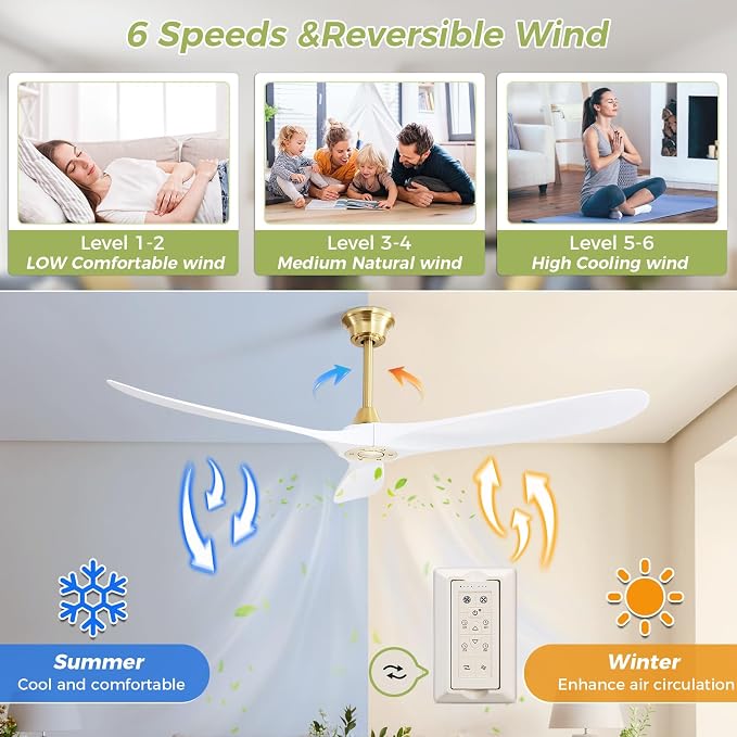 60" Ceiling Fan No Light, White Smart Ceiling Fan with Remote Control, Modern, without Light, alternate product view 5