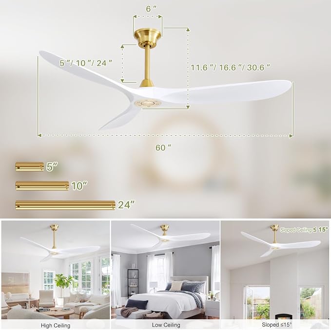 60" Ceiling Fan No Light, White Smart Ceiling Fan with Remote Control, Modern, without Light, alternate product view 6