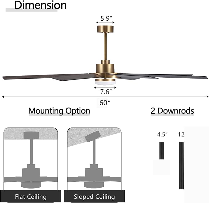 60" Ceiling Fan with Light and Remote Control, 6 Speed Reversible DC Motor, Dimmable LED Light, for Home and Commercial Use