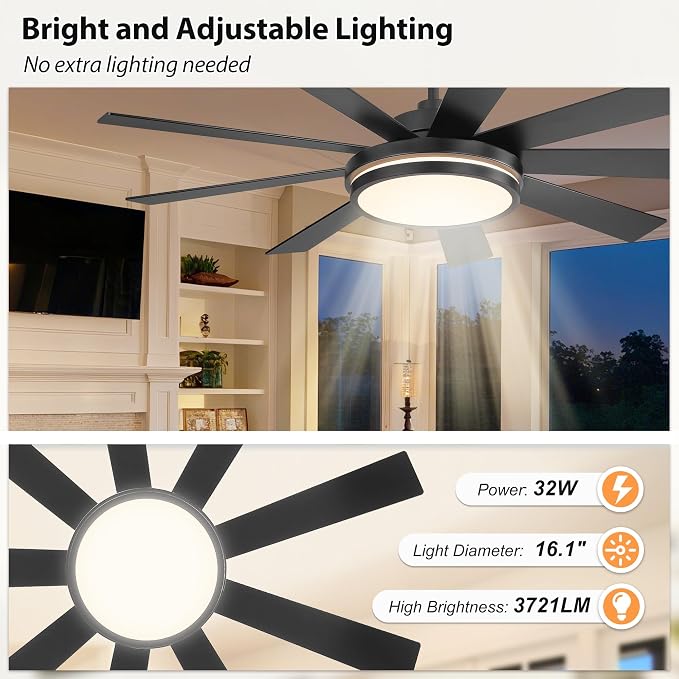60" Ceiling Fan with Light - Large LED Dimmable Light, 6-Speed Remote Control, Reversible DC Motor, Modern Ceiling Fan 9
