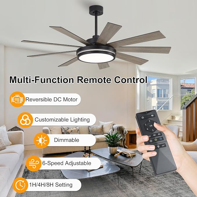 60" Ceiling Fan with Light - Large LED Dimmable Light, 6-Speed Remote Control, Reversible DC Motor, Modern Ceiling Fan 9