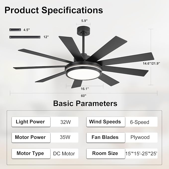 60" Ceiling Fan with Light - Large LED Dimmable Light, 6-Speed Remote Control, Reversible DC Motor, Modern Ceiling Fan 9