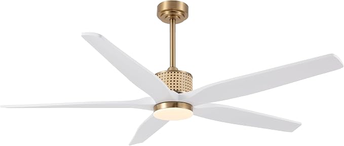 60" Ceiling Fan with Light – Remote Control, Solid Wood, 6-Speed, Quiet Reversible DC Motor, White/Gold Finish, 4.5"/12"